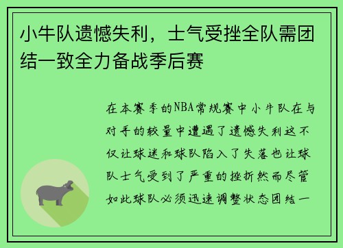 小牛队遗憾失利，士气受挫全队需团结一致全力备战季后赛