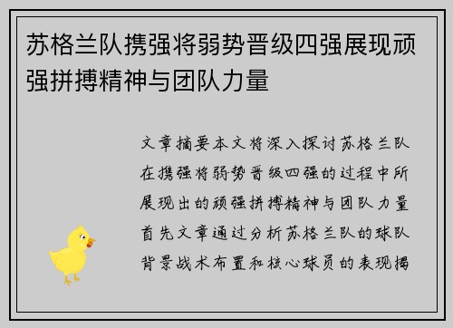 苏格兰队携强将弱势晋级四强展现顽强拼搏精神与团队力量