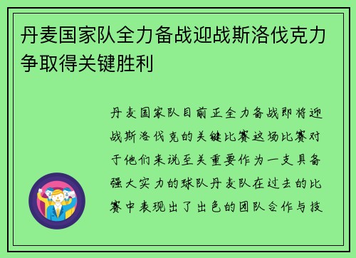 丹麦国家队全力备战迎战斯洛伐克力争取得关键胜利