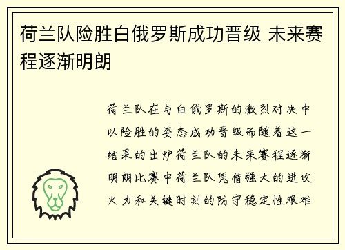 荷兰队险胜白俄罗斯成功晋级 未来赛程逐渐明朗