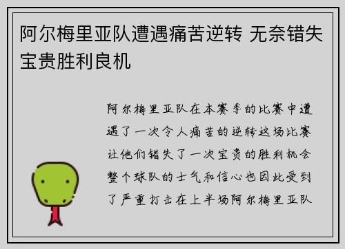 阿尔梅里亚队遭遇痛苦逆转 无奈错失宝贵胜利良机